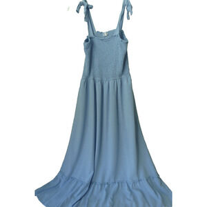 Tobrief‎ Chambray Blue Smocked Midi Dress LARGE Tiered Cottagecore Country